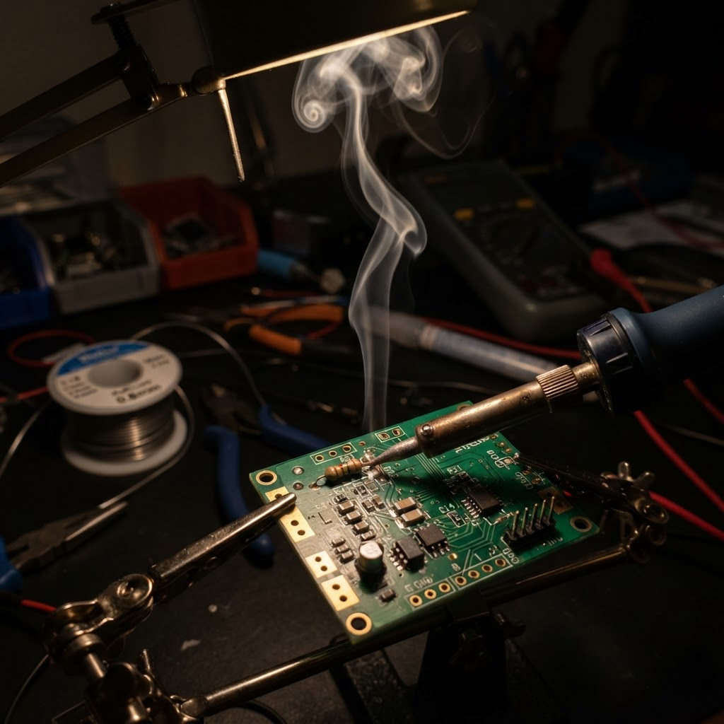 Soldering iron on circuit board